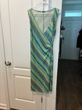 Sleeveless V-Neck Striped Midi Dress in Green & Blue